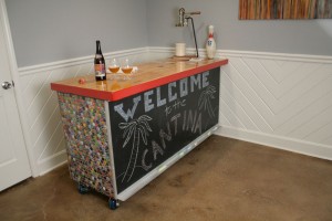 Completed front view of the bottle cap bar using a recycled chalkboard.