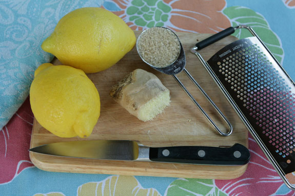 Ingredients including lemon, sugar, and ginger necessary to create a ginger bug for lemonade.